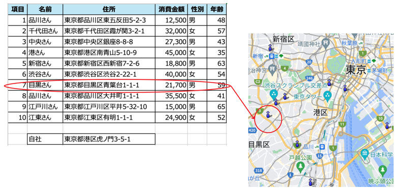 地図上に顧客住所を展開